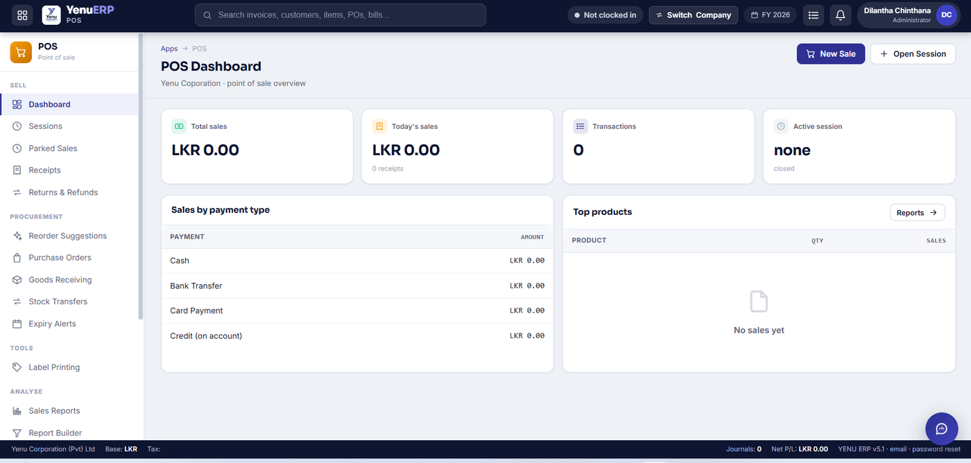 YENU ERP POS dashboard showing total sales, transactions and sales by payment type